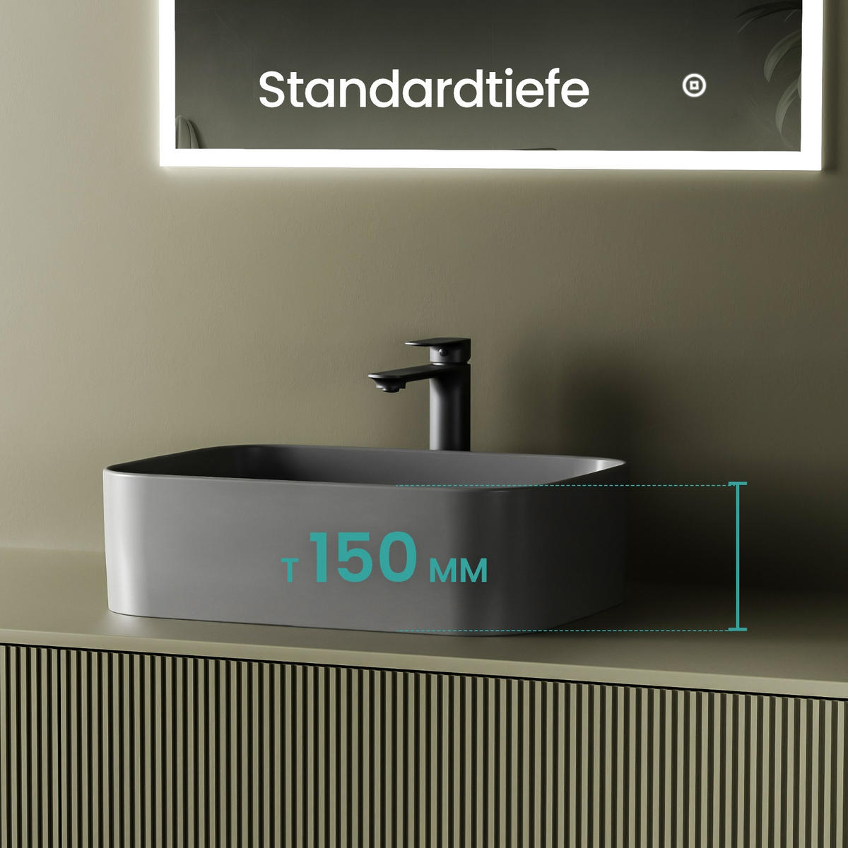 WASCHBECKEN Keramik Rechteck Abgerundete Matt Dunkelgrau 50,5 / 38 / 15 cm - Schwarz, Keramik (38/15/50.5cm) - EMKE