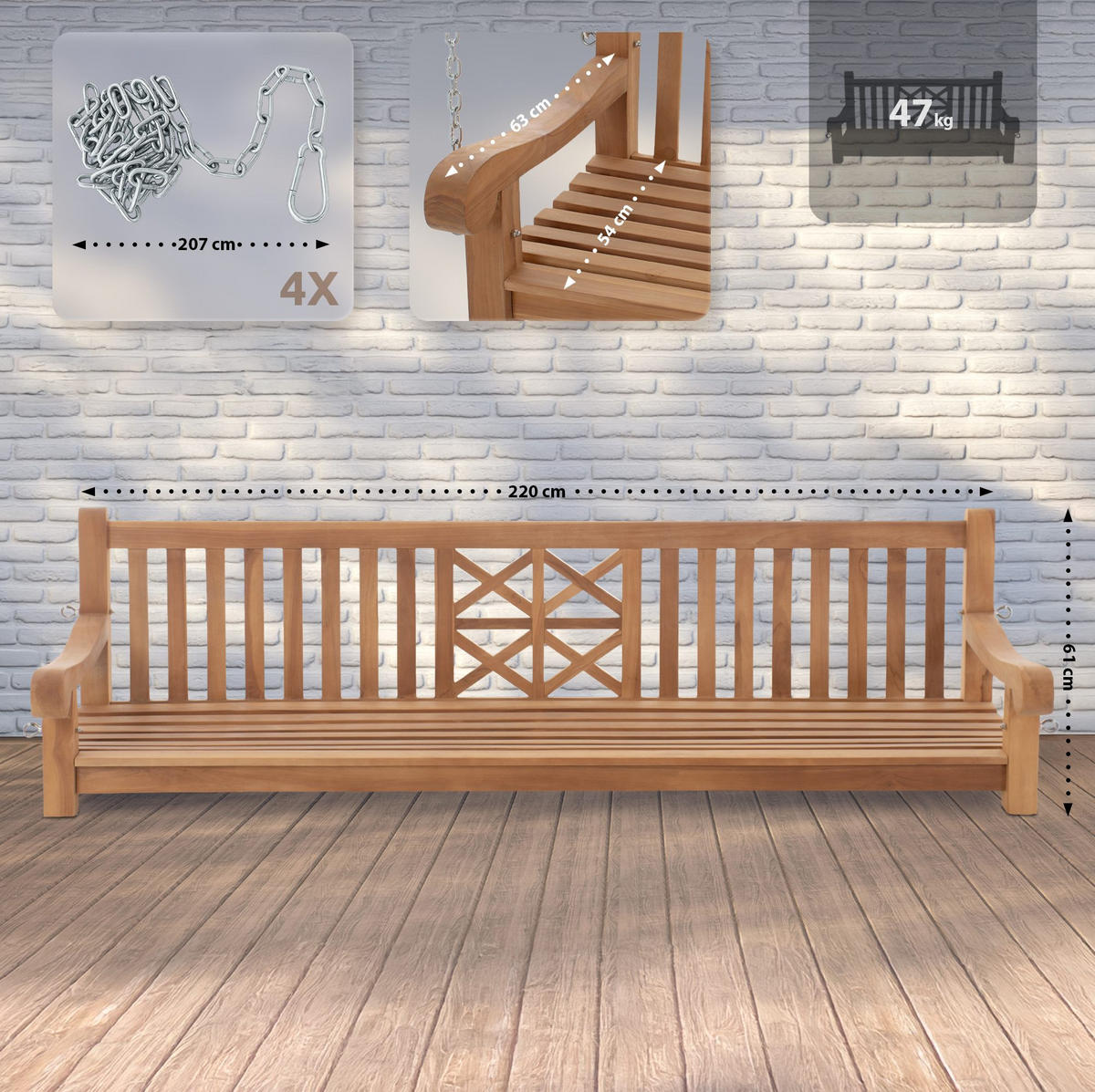 HÄNGEBANK 220/70/61 cm Holz Teak - Teakfarben, Holz (220/61/70cm) - CLP