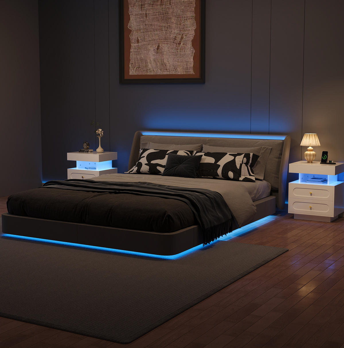 NACHTTISCH aus Spanplatte 100x40x60 cm Weiß mit LED-Beleuchtung und Schublade - Weiß, Holzwerkstoff (100/60/40cm) - Modfu