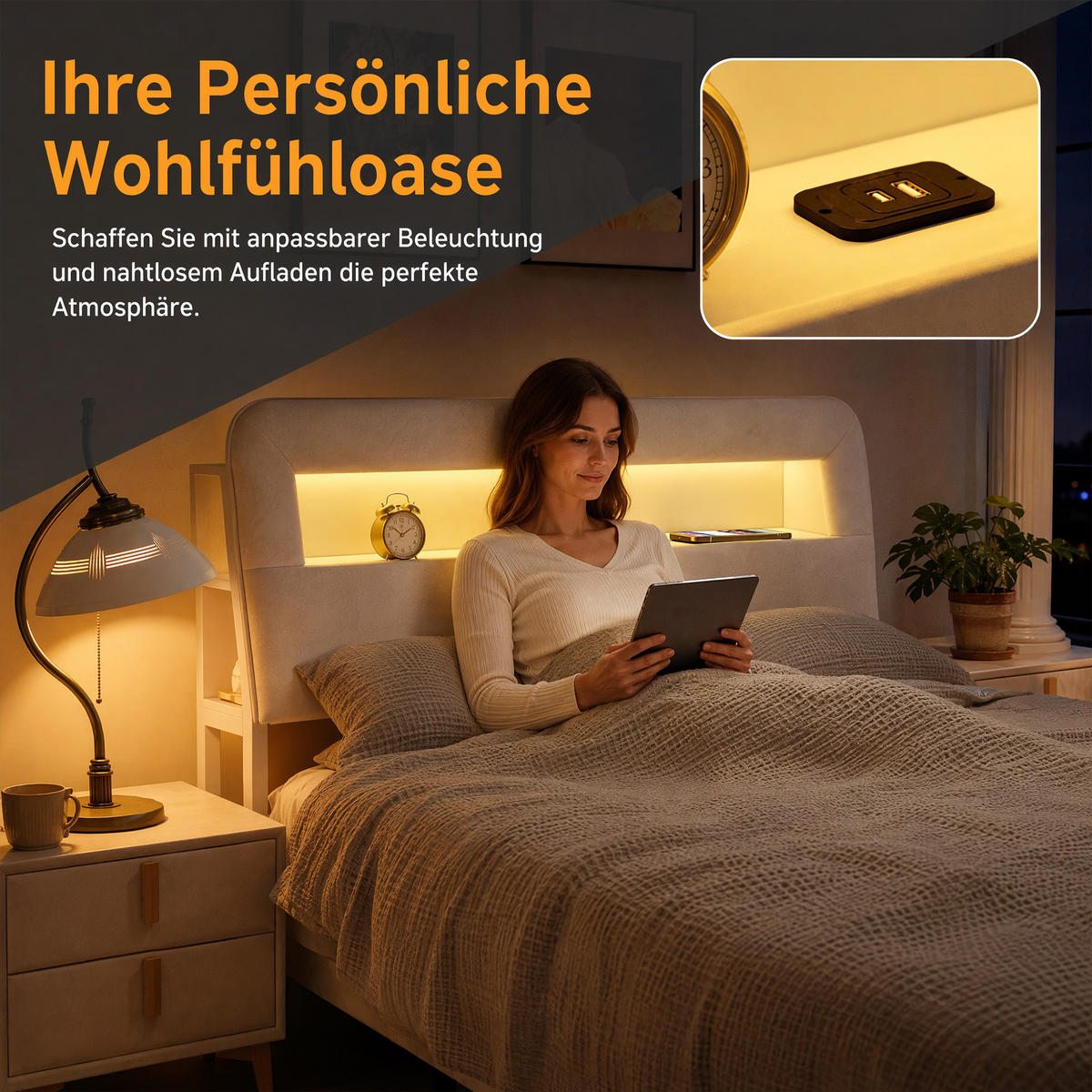 POLSTERBETT 140x200 cm, USB und LED, mit 2 Schubladen, Doppelbettrahmen 140x200 cm, Samt in Cremeweiß - Beige, Holzwerkstoff/Textil (140/200cm) - GENKI LIVING