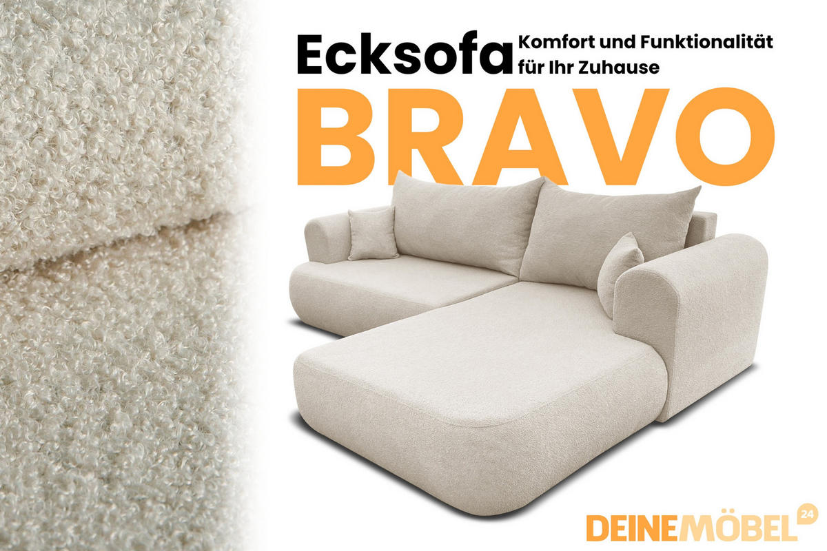 ECKSOFA BRAVO 280/180 in Bouclé Creme rechts - Creme, Holz/Holzwerkstoff (280/180cm) - Deine Möbel 24
