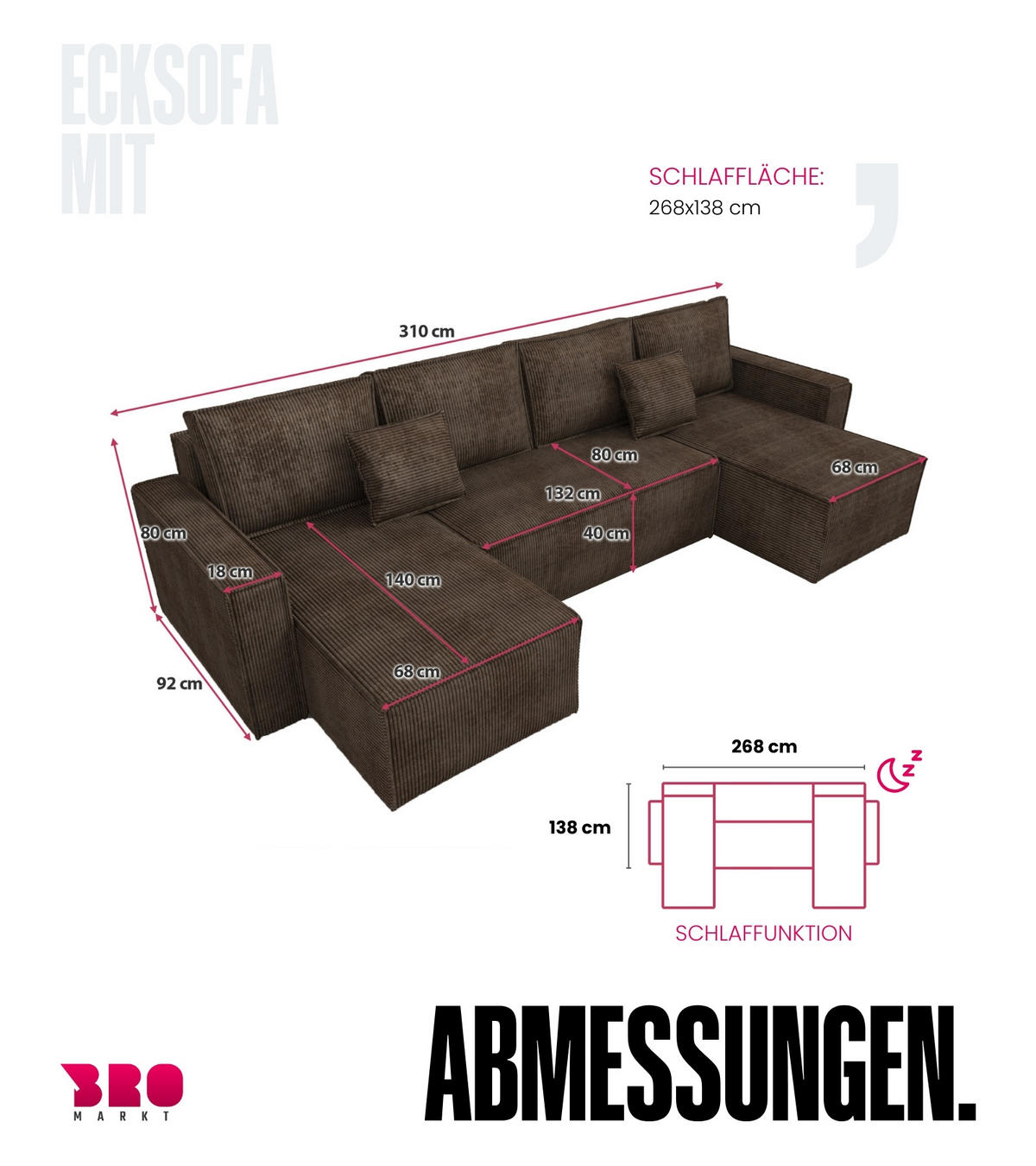 WOHNLANDSCHAFT Dexter U mit Schlaffunktion Braun Cord - Braun, Textil (310/80/141cm) - Bromarkt