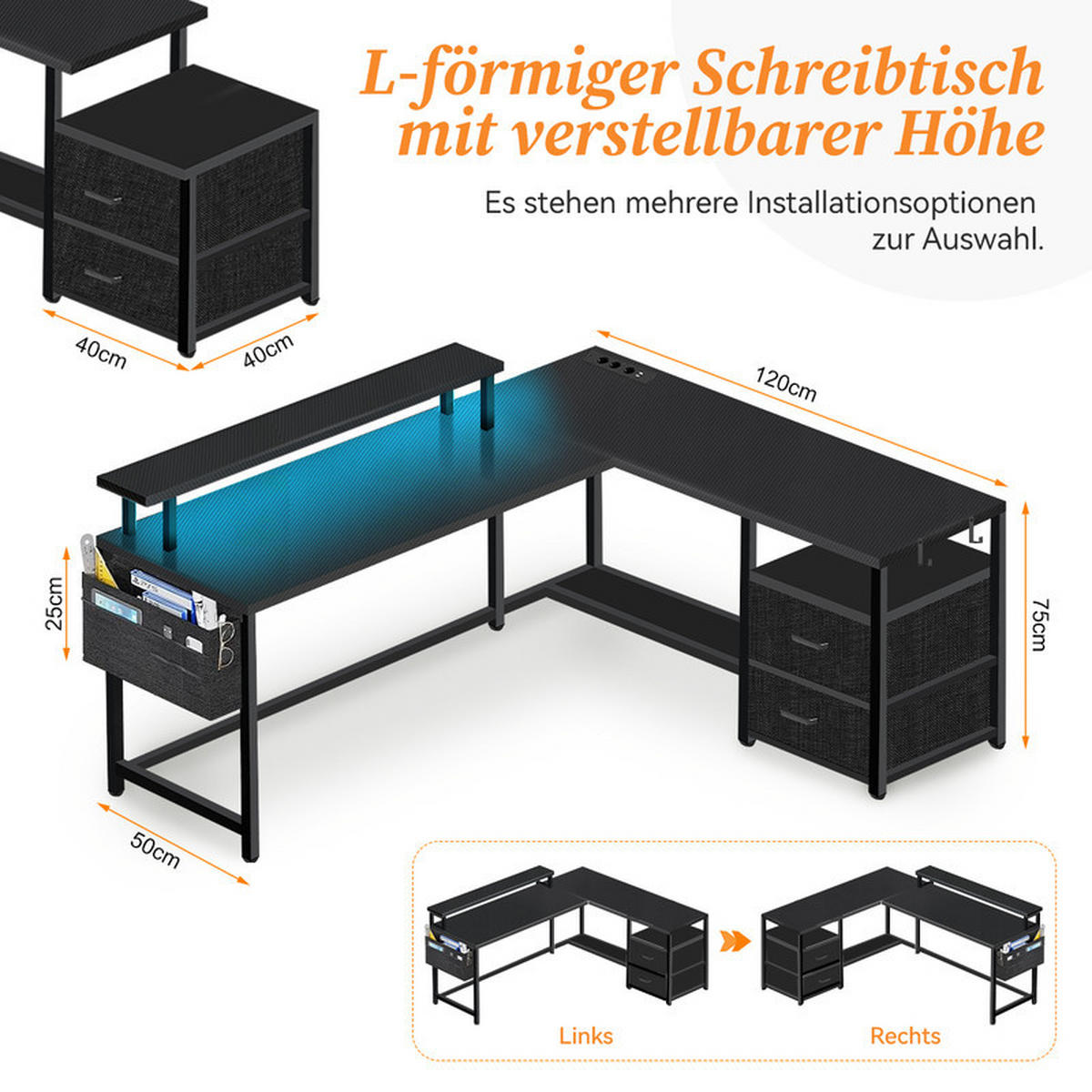 GAMINGTISCH L-förmig,120 x 120 x 75 cm,Eckschreibtisch mit Ablagefach,mit Monitorständer,2 USB mit 3 Buchsen,Schwarz - Schwarz, Metall (120/40/75cm)