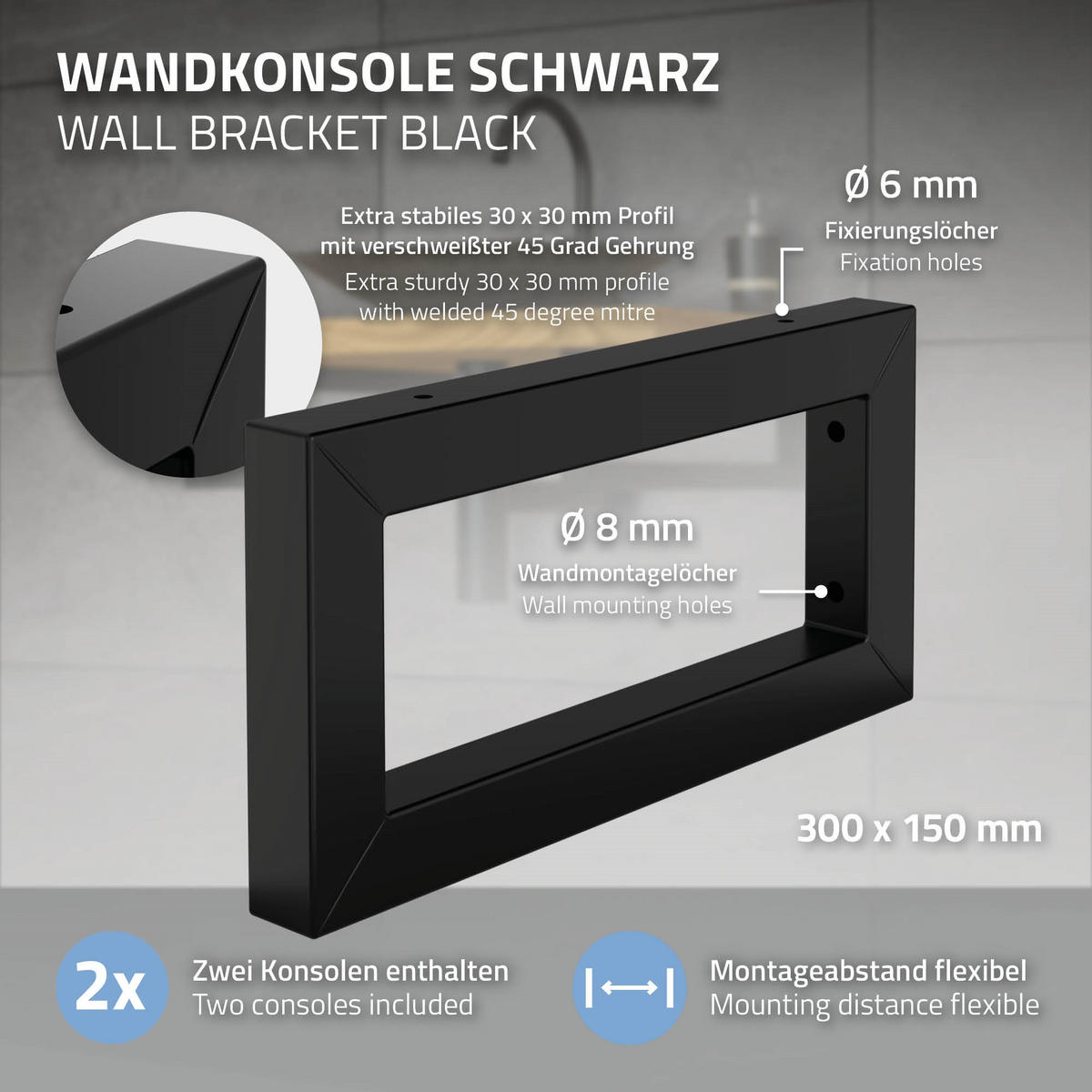 WANDKONSOLE - Schwarz, Metall (15/3/30cm) - ML-DESIGN