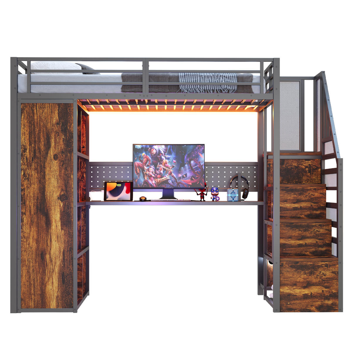 HOCHBETT 90/200 cm DE-01506, in Schwarz, mit Kleiderschrank, Schreibtisch und LED-Lichtleiste - Schwarz, Metall (90/200cm) - ComfortXL
