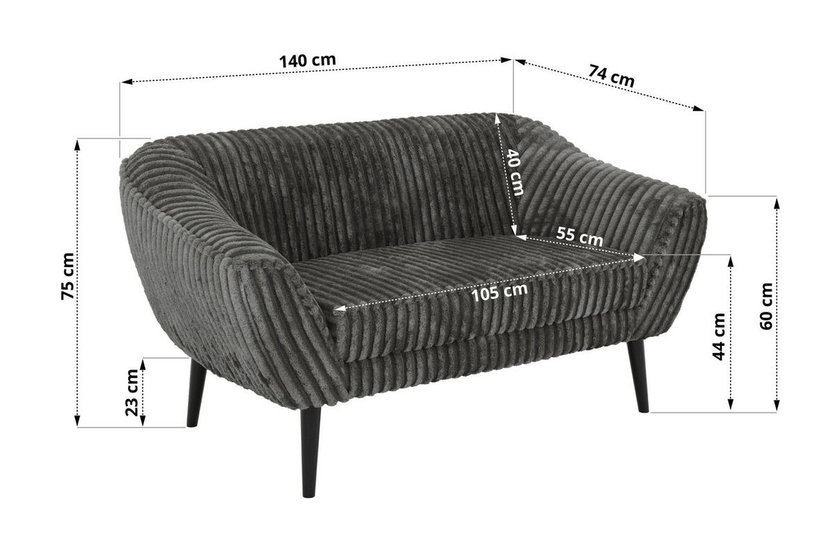 2-SITZER-SOFA PIRS - Grau Cord - Schwarze Beine - Schwarz/Grau, Holzwerkstoff/Textil (140/75/74cm) - MKS