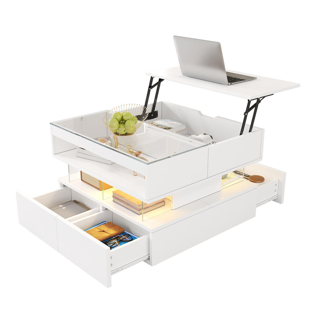 COUCHTISCH höhenverstellbar LED Glas - Weiß, Holzwerkstoff (67/70/57cm) - LEBENLANG