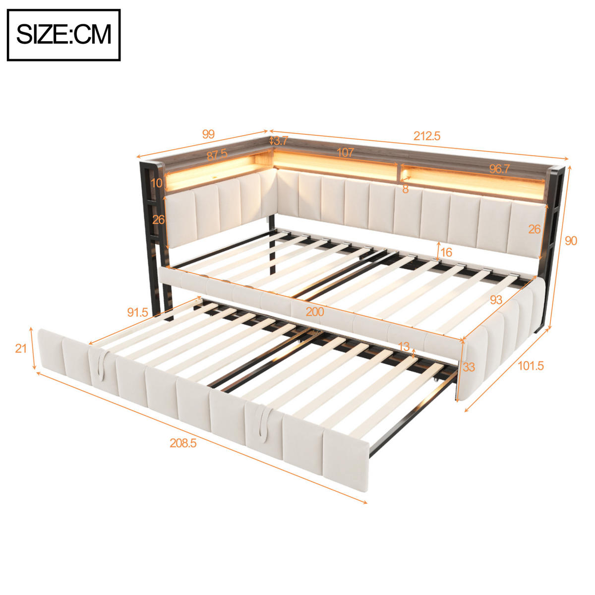 POLSTERBETT Schlafsofa aus Samt 90x200 cm Beige mit Ausziehbett, LED-Beleuchtung, USB- und Typ-C-Anschlüssen - Beige, Textil (90/200cm) - Modfu