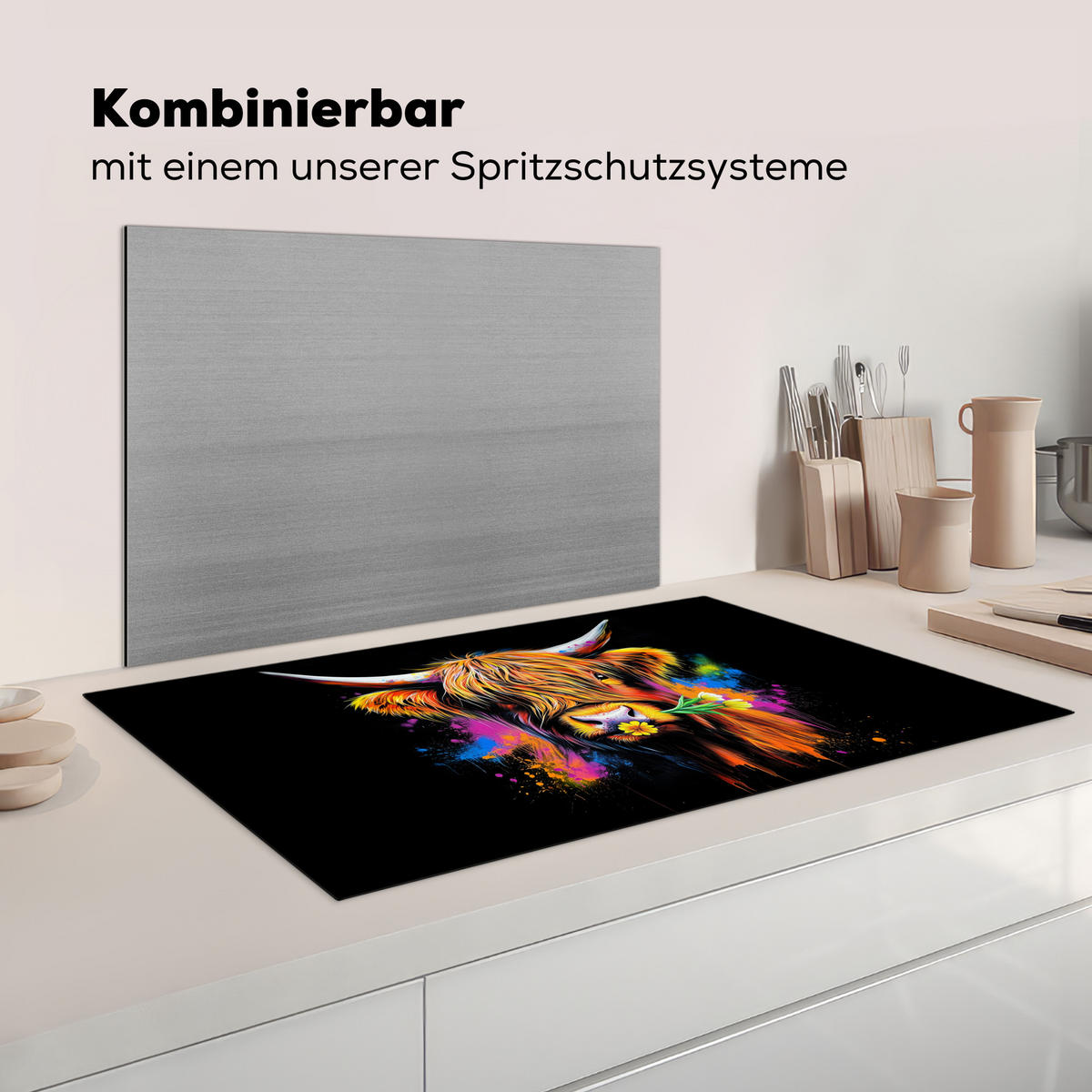 HERDABDECKPLATTE Schottischer Highlander - Graffiti - Bunt - Blume - Tiere Ceranfeldabdeckung 90x52 cm - Multicolor, Kunststoff (90/52/0.2cm) - MuchoWow