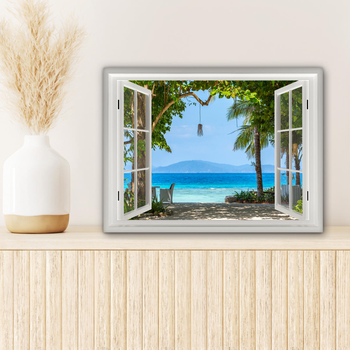 LEINWANDBILD Aussicht - Baum - Meer - Palme - Hügel - Strand - Blau 40x30 cm - Blau, Textil (40/30cm) - MuchoWow