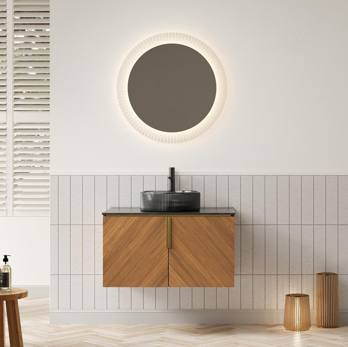 WASCHTISCHKOMBI 76/50/40 cm braune Eiche/schwarz aus Glas und Sinterstein mit Rundbecken und 2 Türen - Schwarz, Glas (76/52.6/50cm) - OKWISH