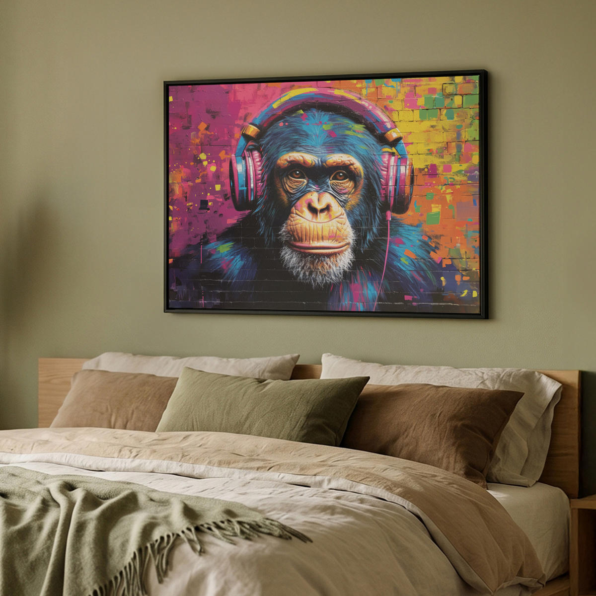LEINWAND Bilder mit Rahmen - Graffiti - Schimpanse - Straßenkunst - Kopfhörer - Affe - 100x70 - Blau, Textil (100/70cm) - MuchoWow