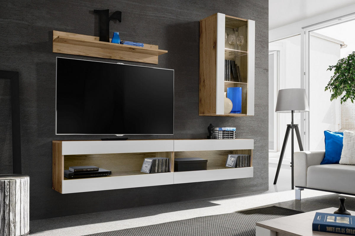 WOHNWAND 4-er Set, TIVOLI SET5 Wotan + Weiß, Offener Raum - Weiß/Braun, Glas/Holzwerkstoff (240/195/35cm) - Komodee