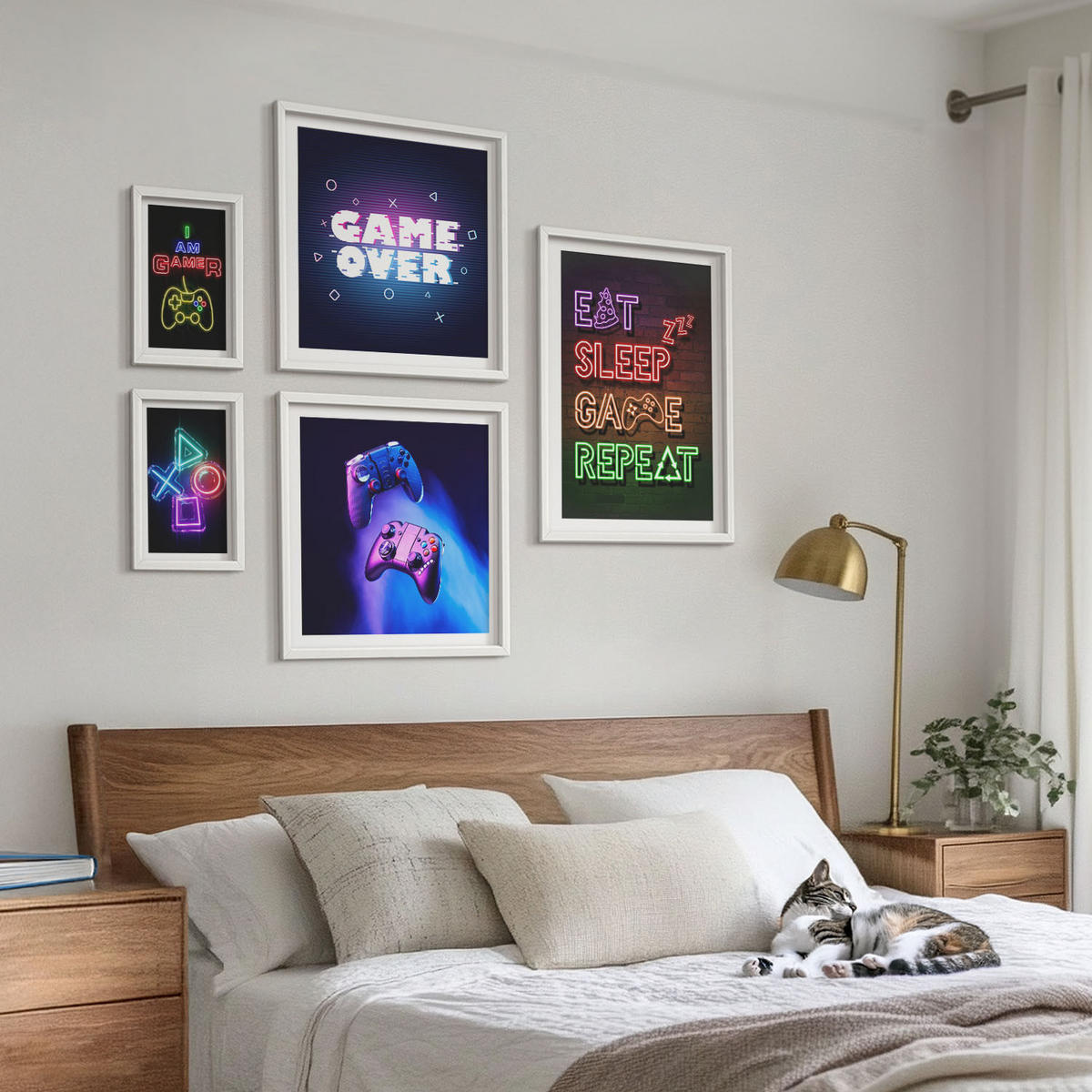 BILDER SET 5er Set - 50x50 cm & 20x30 cm & 40x60 cm Weißer Rahmen - Gamepads, Spielersymbol-Untertitel - Weiß, Kunststoff (40/60cm) - TULUP