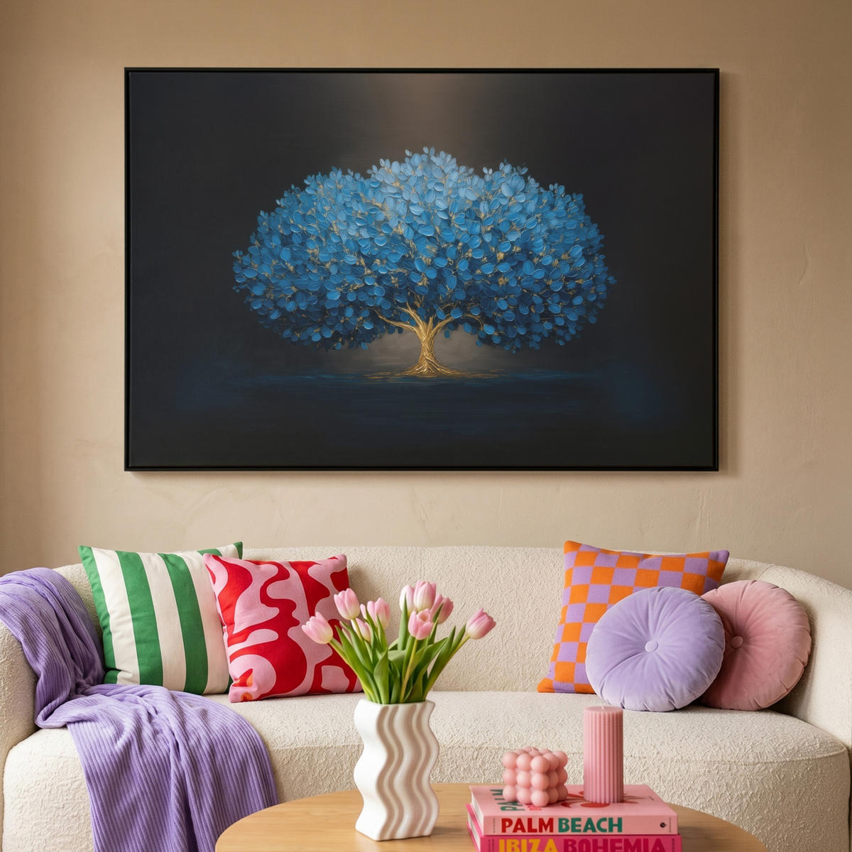 LEINWAND Bilder mit Rahmen - Baum - Blau - Blätter - Pinselstriche - 140x90 - Blau, Textil (140/90cm) - MuchoWow
