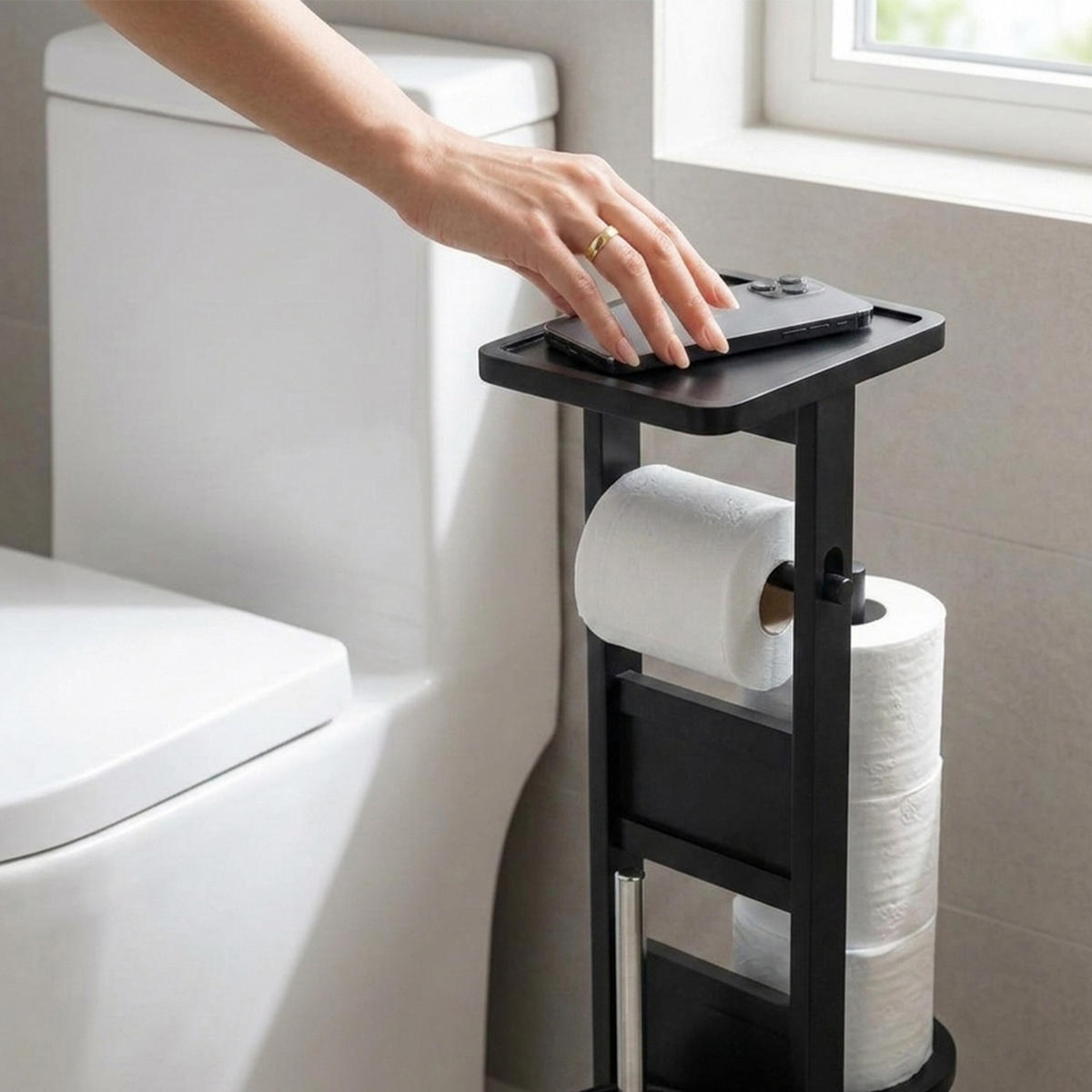WC-SOUPRAVA černá bambus s poličkou 80 cm - černá, dřevo/kompozitní dřevo (30/80/18cm) - Relaxdays