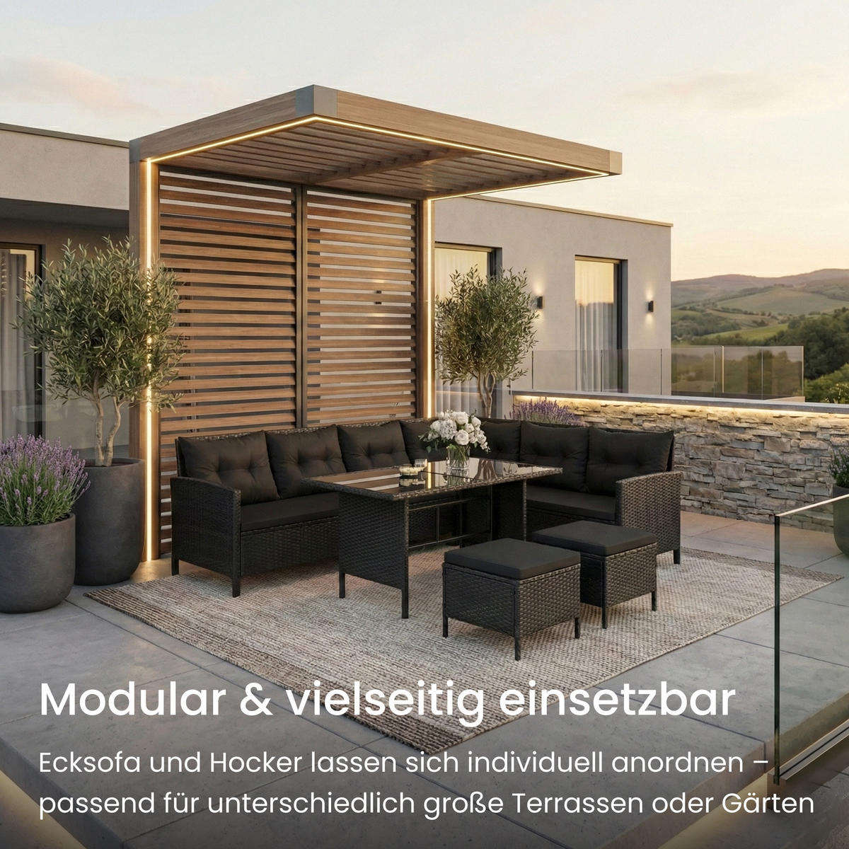 GARTENMÖBEL-SET mit Ecksofa und Esstisch in schwarze Kissen - Schwarz, Metall - Home Collective