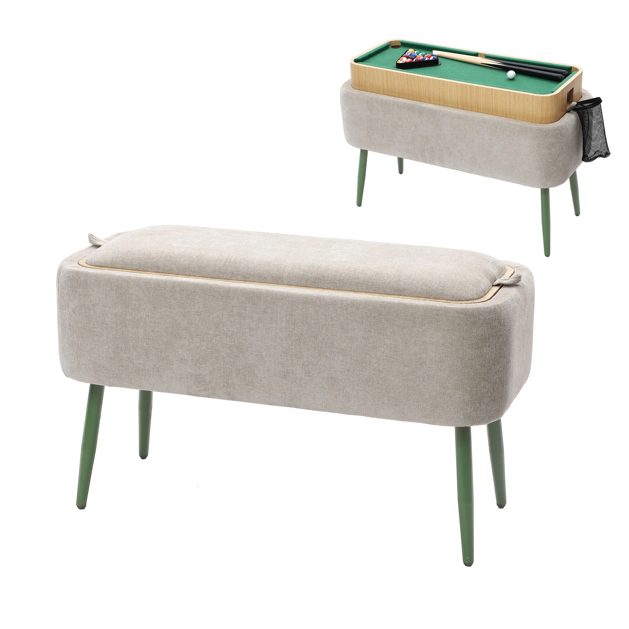SITZBANK mit Stauraum, Polsterbank mit Mini-Billard, Beige - Grau, Holzwerkstoff (35.5/47/77.5cm) - Hometopia