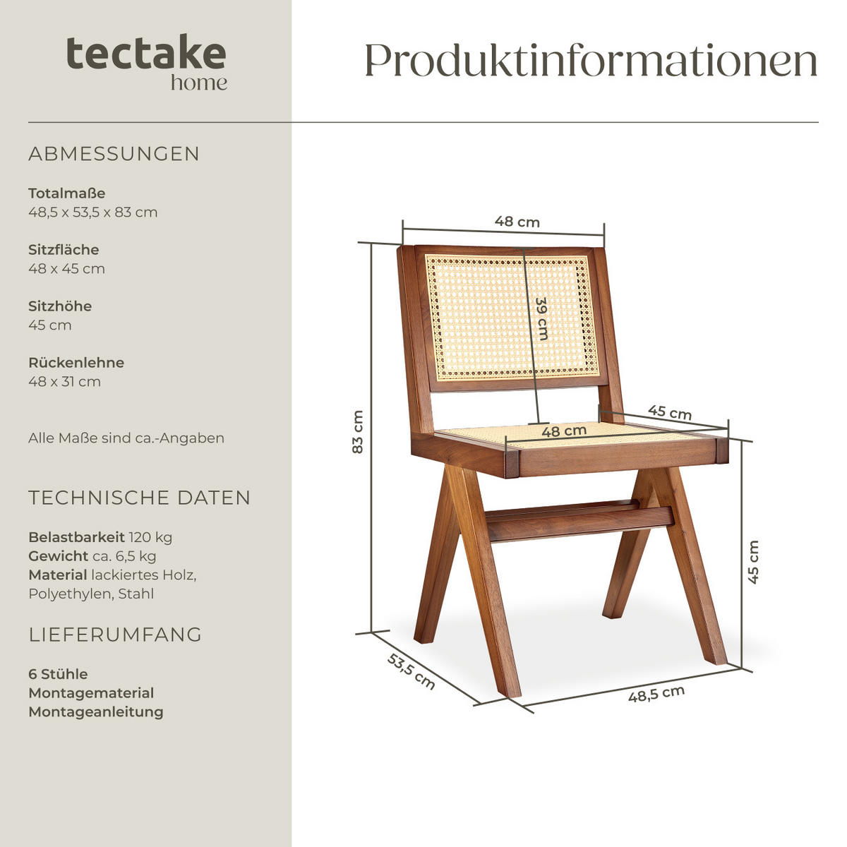 HOLZSTUHL 6er Set Lissy,48,5 x 53,5 x 83 cm, Belastbarkeit 120 kg,Eiche dunkel - Wildeiche, Holz (48.5/83/53.5cm) - tectake