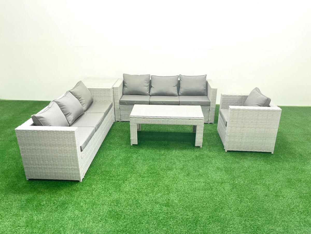 GARTENSOFA hohe Rückenlehne Polyrattan Hellgrau-Mix 7-Sitzer - Hellgrau/Grau, Glas/Kunststoff - Fimous