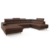 WOHNLANDSCHAFT CORENO Braun Boucle-Stoff mit Schlaffunktion - Braun, Holz (345/88/190cm) - MASSENO
