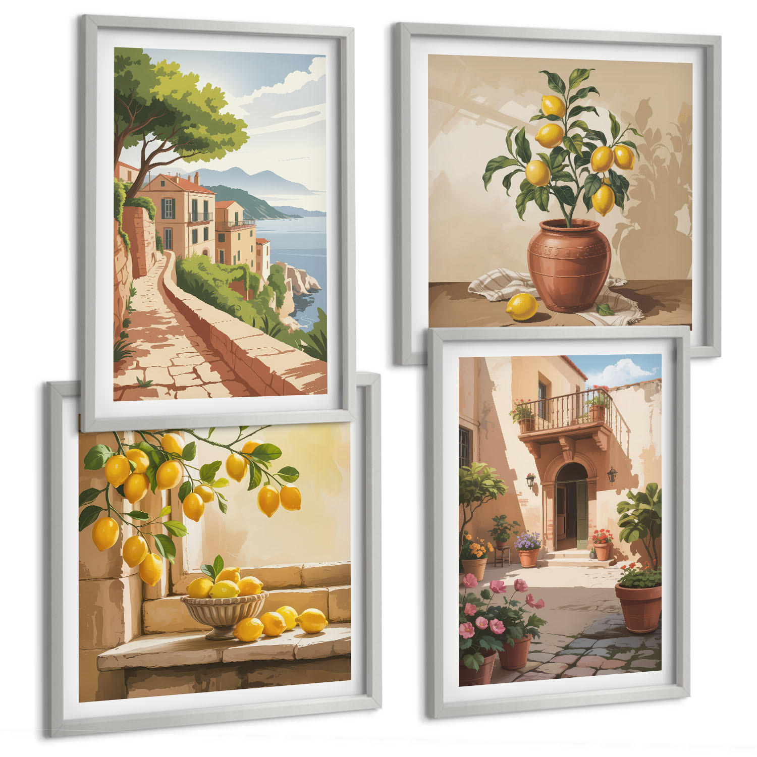 BILDER SET 4er Set - 50x50 cm & 40x60 cm Silberner Rahmen - Zitrusfrüchte in der Küche - Silberfarben, Kunststoff (50/50cm) - TULUP