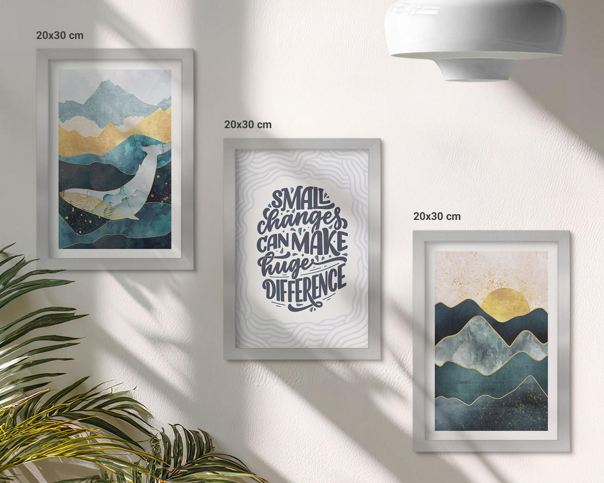 BILDER SET 3er Set - 20x30 cm Silberner Rahmen - Abstrakte Berginspiration - Silberfarben, Kunststoff (20/30cm) - TULUP