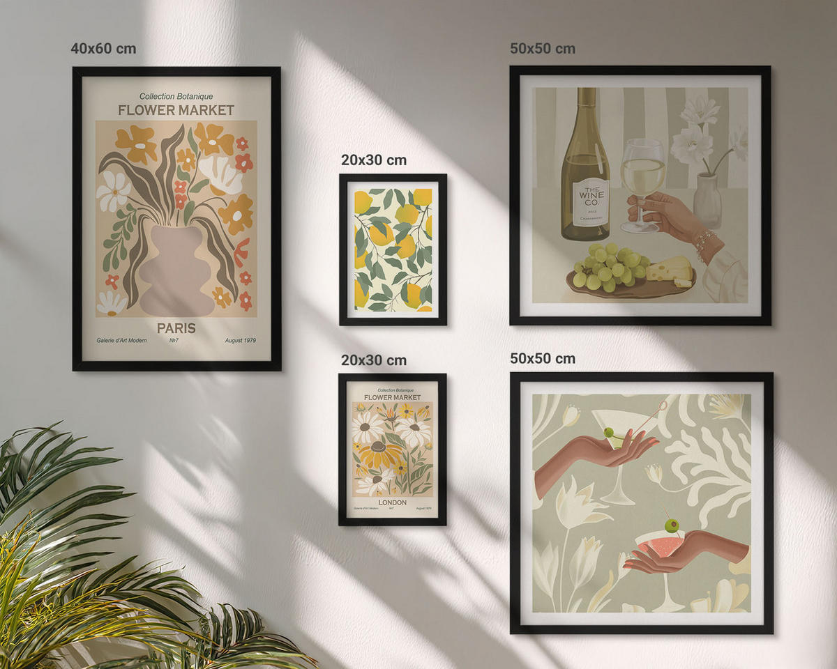BILDER SET 5er Set - 50x50 cm & 20x30 cm & 40x60 cm Schwarzer Rahmen - Blumenposter Paris Mailand - Schwarz, Kunststoff (40/60cm) - TULUP