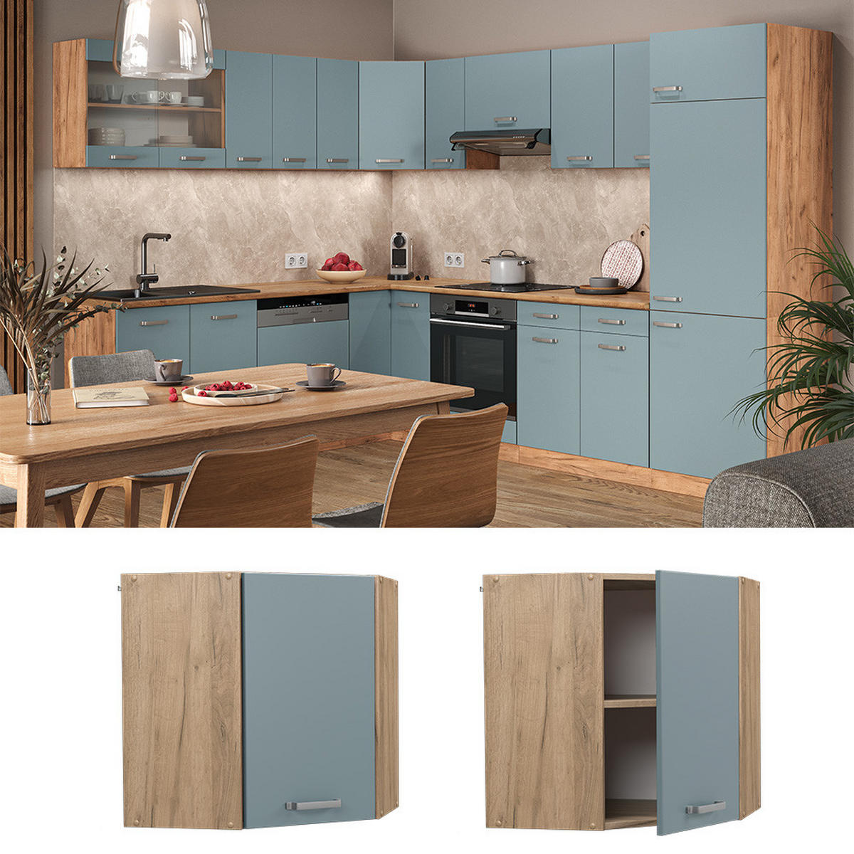 ECKHÄNGESCHRANK R-Line Blau-Grau 57 cm - Honigeiche/Eiche Wotan, Holzwerkstoff (57/60/34.1cm) - Vicco
