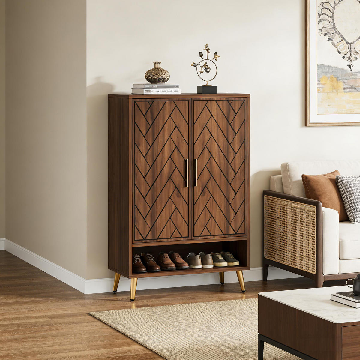 SCHUHSCHRANK mit 7 Ebenen, Chevron-Muster, Nussbaumoptik - Walnussfarben, Holzwerkstoff (75/110/35cm) - Urban Meuble