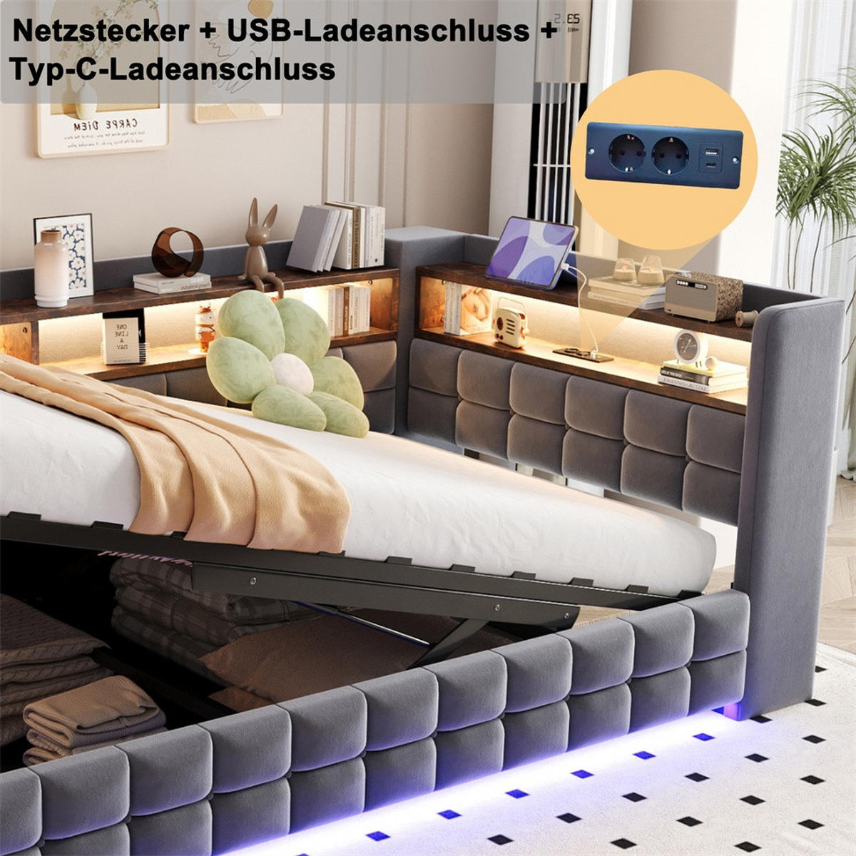 POLSTERBETT 90x200 cm mit hydraulischem Stauraum und Regal - LED Beleuchtung - USB & Typ-C - Grau - ohne Matratze - Grau, Textil (90/200cm) - DELFA