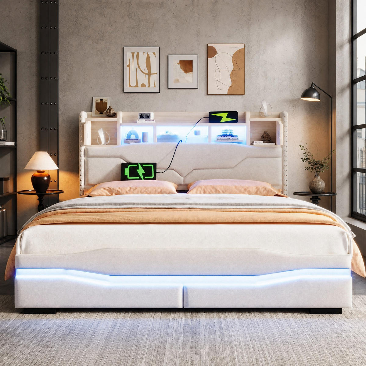 POLSTERBETT 160/200 mit Bettkasten, LED-Beleuchtung, USB und Type-C in Beige - Beige, Holzwerkstoff/Textil (160/200cm) - EVRYAE