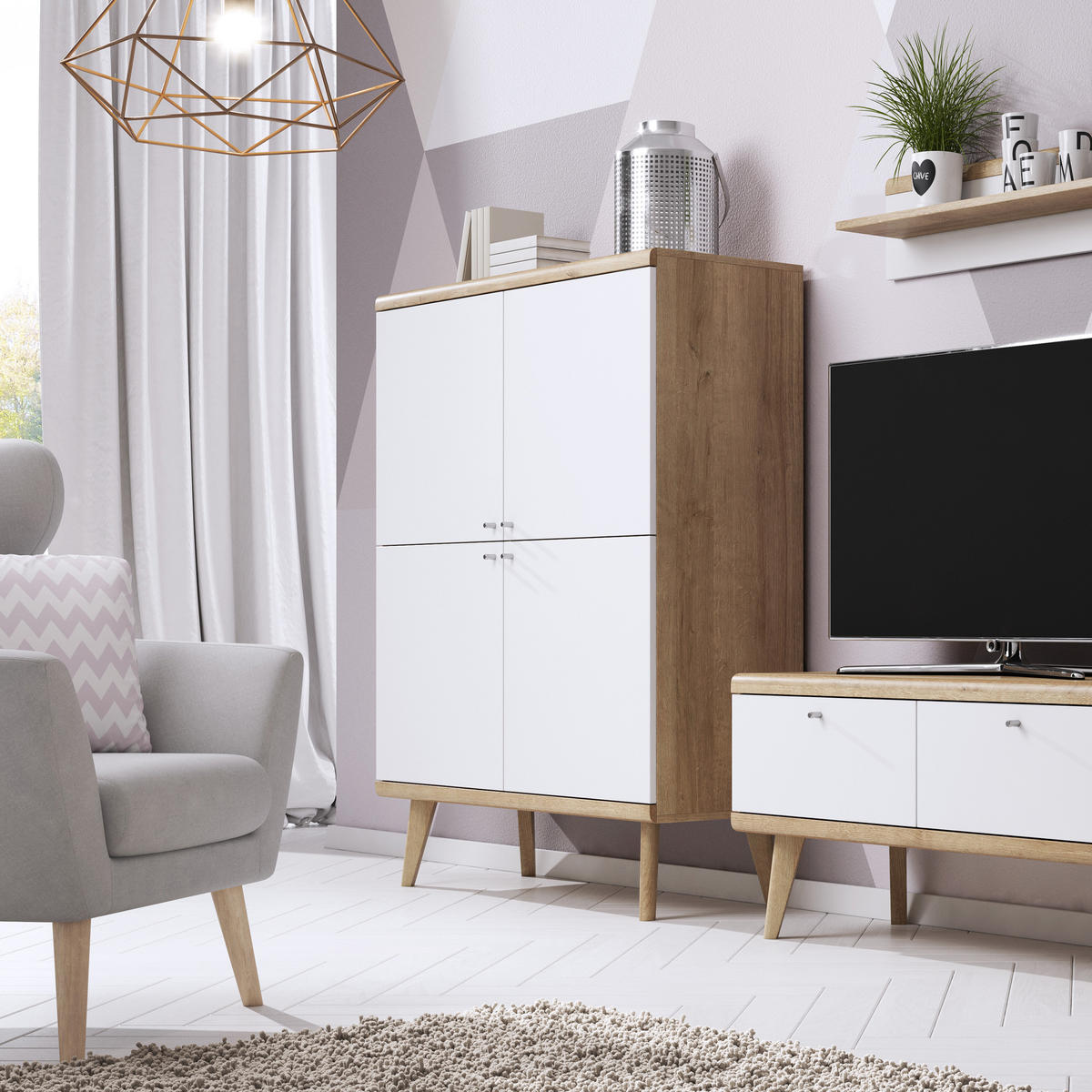 HIGHBOARD PRIMARIO 107/134/40 cm mit 4 Türen Eichefarben - Eichefarben/Weiß, Holzwerkstoff (107/134/40cm) - MASSENO