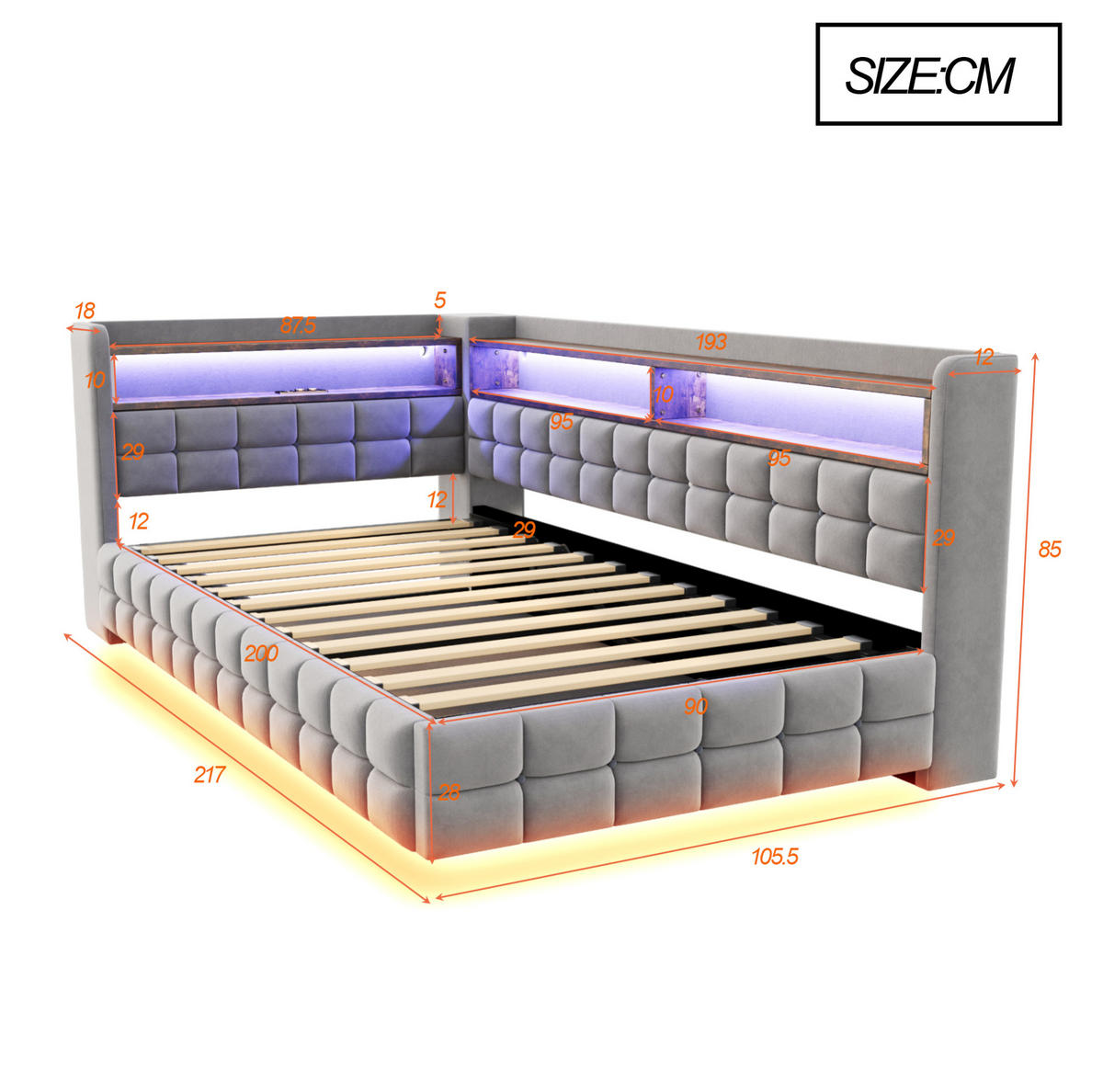 SCHLAFSOFA 90/200 cm mit hydraulischem Stauraum, Holzregalen, LED, Steckdose, USB und Typ-C, Samt, Hellgrau - Hellgrau, Textil (90/200cm) - Redom