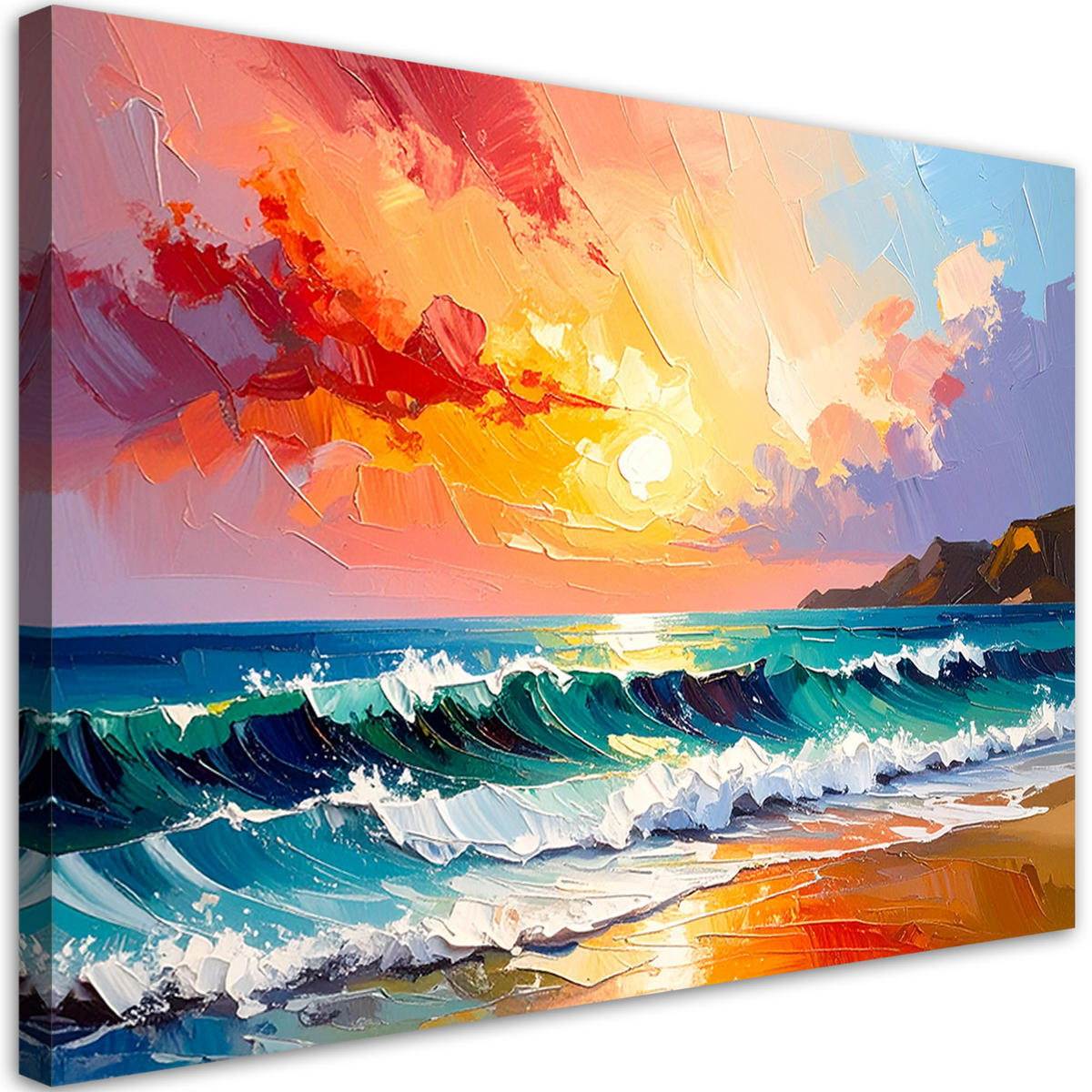 LEINWANDBILD Strand Meer Wellen Landschaft wie gemalt 90x60cm - Multicolor, Textil (90/60cm) - Feeby