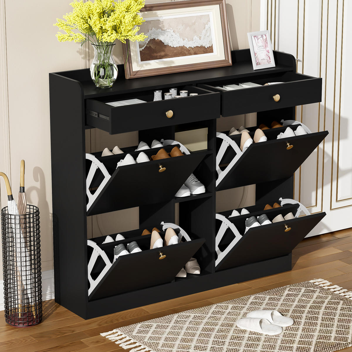 SCHUHSCHRANK 110/26/100 cm in Schwarz mit 4 Klappen und 2 Schubladen - Schwarz, Holzwerkstoff (110/100/26cm) - BEAOK