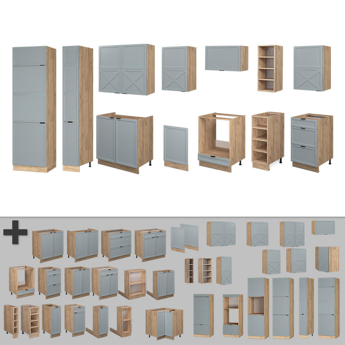 KÜCHENZEILE Fame-Line Hellblau-grau/Goldkraft Eiche 355 cm ohne AP - Honigeiche/Hellblau, Holzwerkstoff (355/81.6/46cm) - Vicco