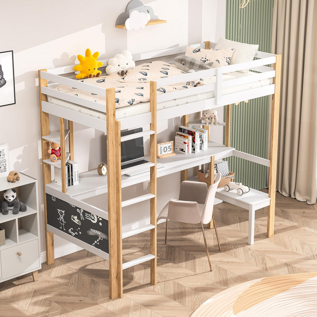 HOCHBETT 90x200 cm mit Tisch, Regal, Leiter, Kiefernholz, Weiß - Weiß, Holz (90/200cm)