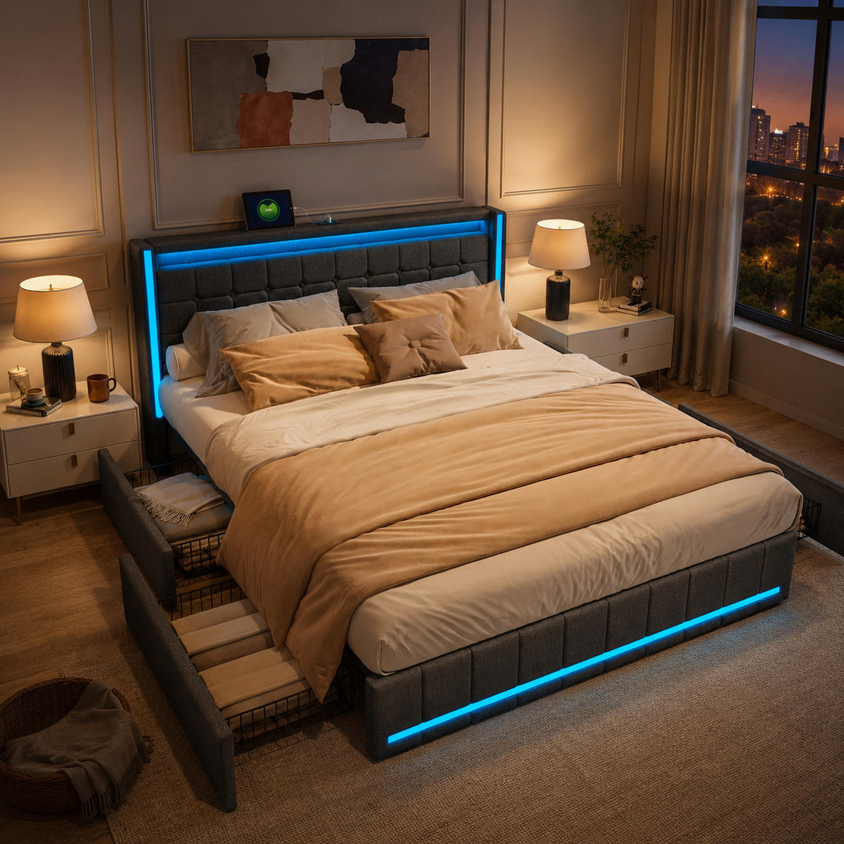 POLSTERBETT 180/200 cm Grau, mit 4 Schubladen, LED und Ladefunktion - Dunkelgrau, Holz/Metall (180/200cm) - Joyfair