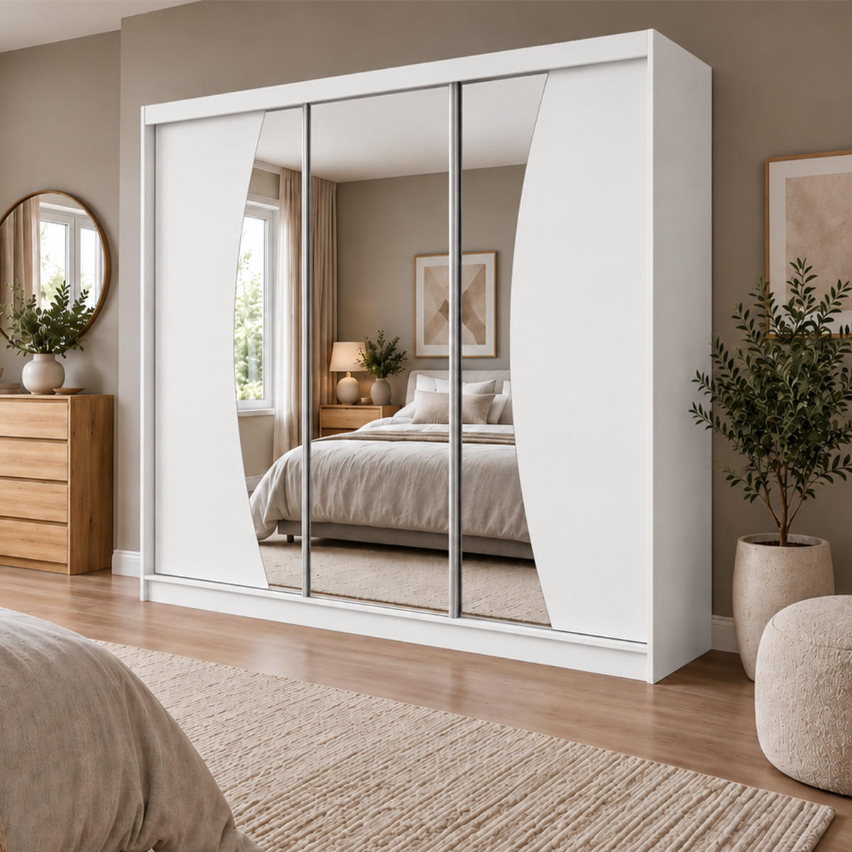 KLEIDERSCHRANK Nox 240 cm Weiß Spiegel 4 Schubladen Griffe silber - Weiß, Holzwerkstoff (240/216/61cm) - KS Home Concept