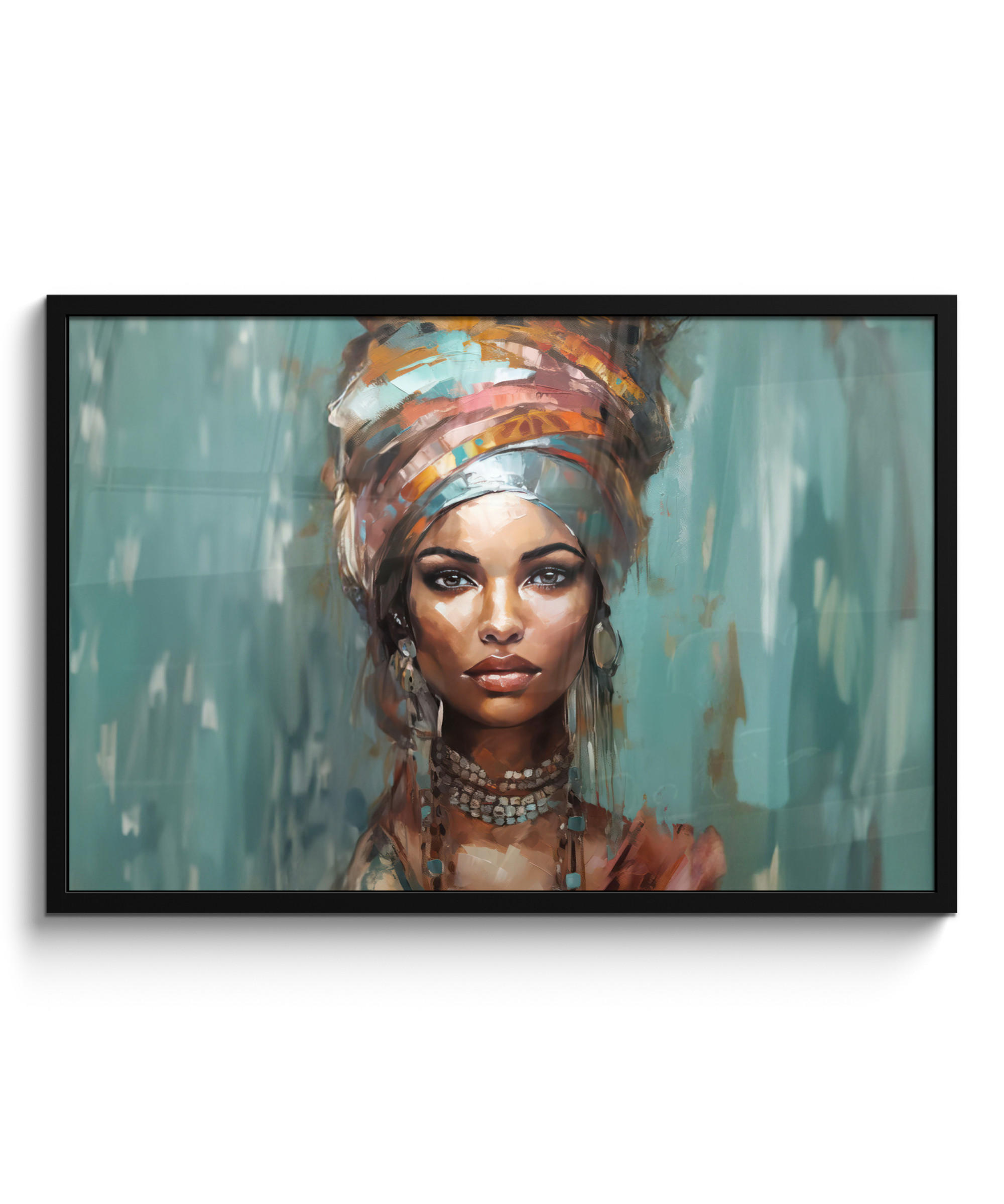 POSTER MIT RAHMENGERAHMTES BILD - Frau - Kunst - Schmuck - Porträt - 90x60 cm - Blaugrau, Papier (90/60cm) - MuchoWow