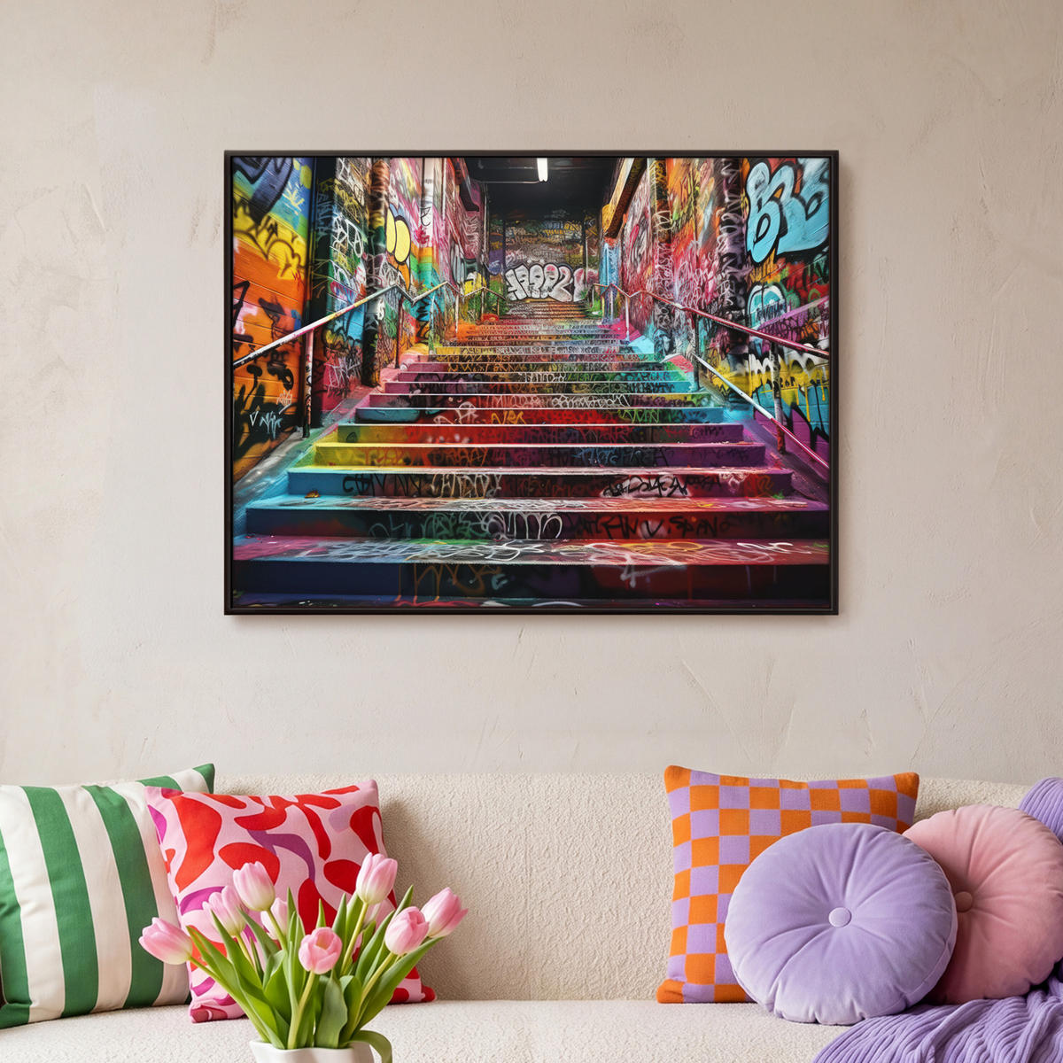LEINWAND Bilder mit Rahmen - Treppe - Graffiti - Farben - Kunst - 80x60 - Multicolor, Textil (80/60cm) - MuchoWow