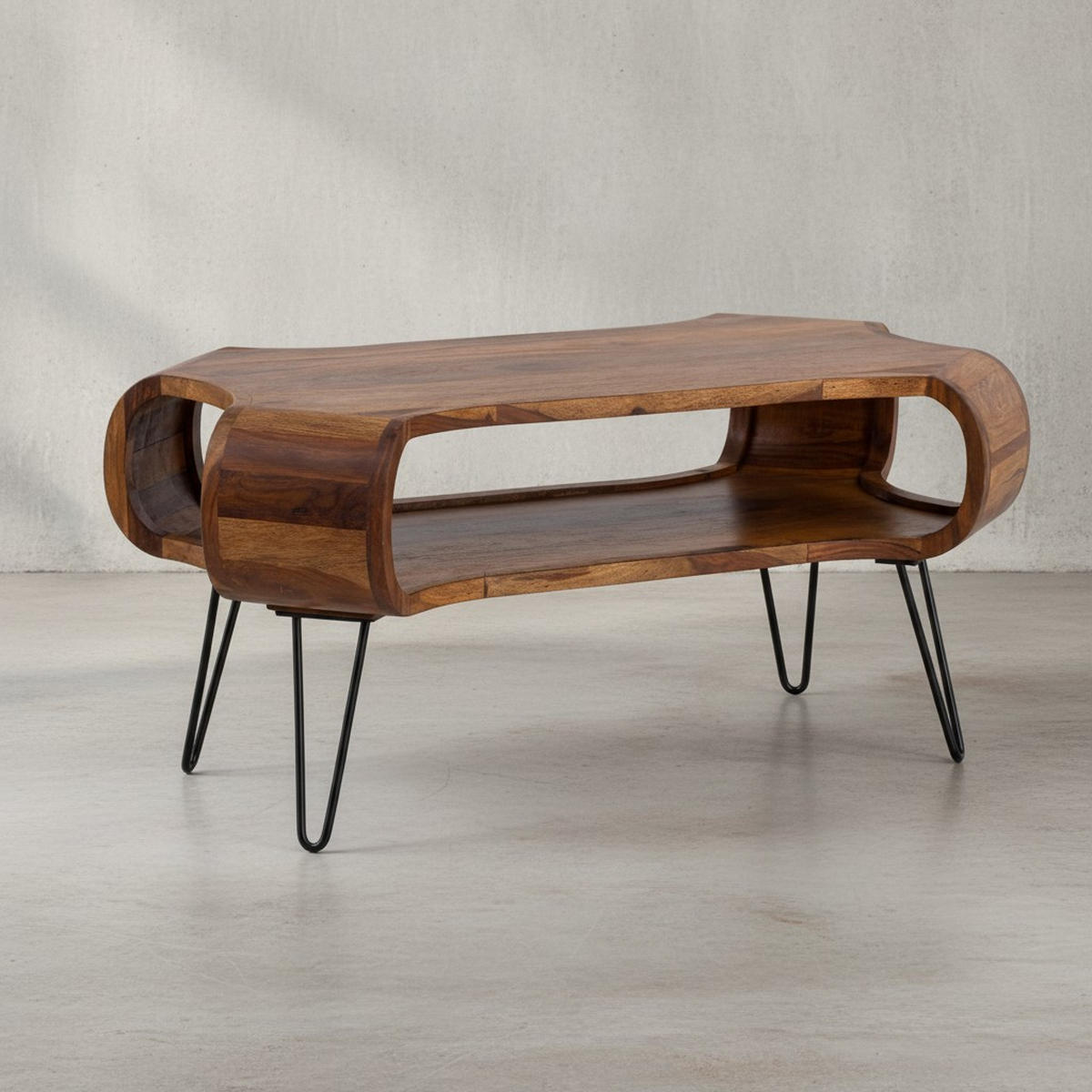 COUCHTISCH Rechteckig in Massivholz und Metall 100x60x47cm mit Stauraum und Haarnadelbeinen - Sheeshamfarben/Schwarz, Holz/Metall (60/100/47cm) - KADIMA DESIGN
