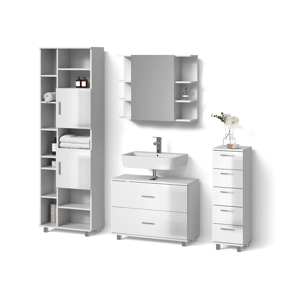 BADMÖBEL-SET Eisak Weiß Hochglanz 4 Teile, mit Hochschrank - Weiß Hochglanz/Weiß, Holzwerkstoff (80/60/33cm) - Livinity®