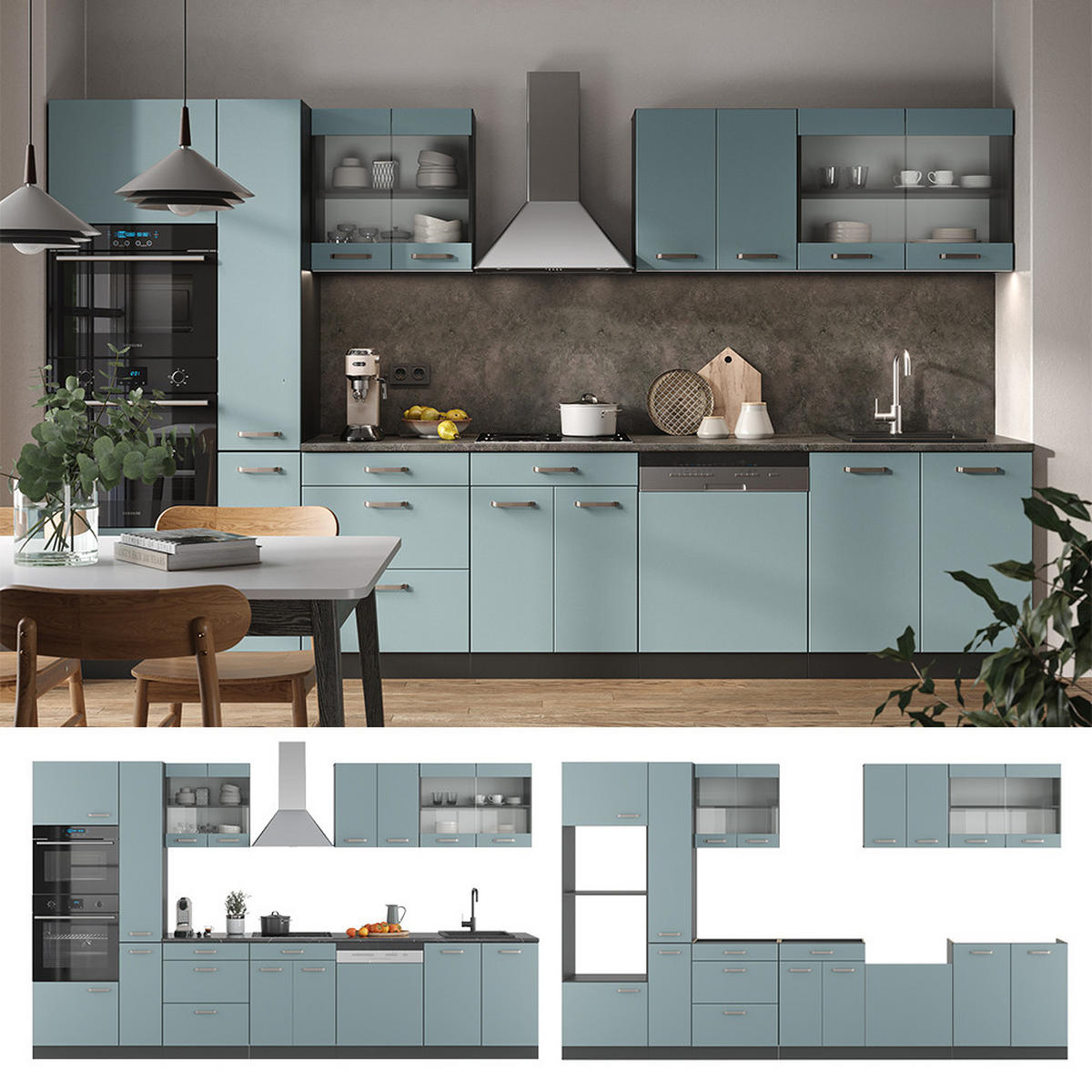 KÜCHENZEILE R-Line Blau-Grau/Anthrazit 350 cm mit Hochschrank AP Eiche - Anthrazit/Blaugrau, Holzwerkstoff (350/81.6/60cm) - Vicco