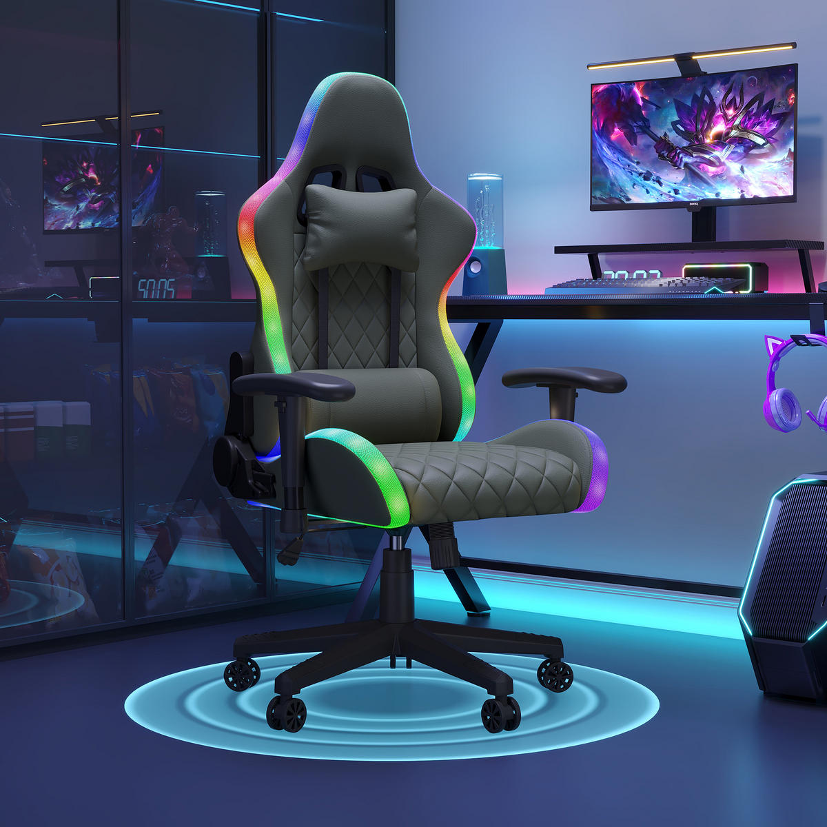 GAMINGSTUHL RGB LED Massage verstellbar ergonomisch schwarz - Schwarz, Holz (68/133/68cm) - LEBENLANG