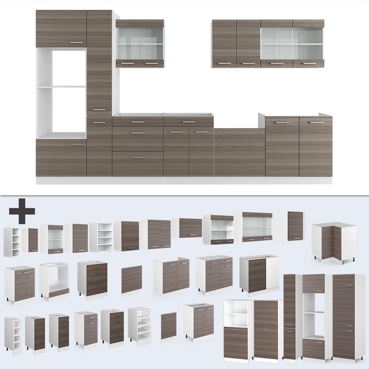 KÜCHENZEILE R-Line Edelgrau/Weiß 350 cm mit Hochschrank, AP Eiche - Braun/Weiß, Holzwerkstoff (350/81.6/60cm) - Vicco