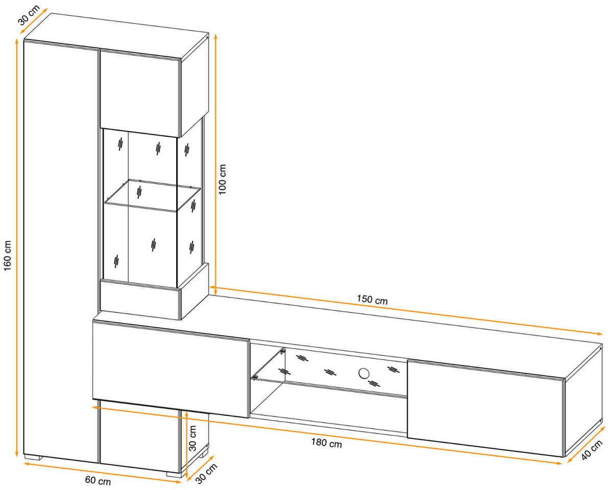 WOHNWAND anthrazit, Eiche Wotan 2-teilig 210 cm hängend, Komplettset mit LED und Push-to-Open - Anthrazit/Eiche Wotan, Glas/Holzwerkstoff (210/160/40cm) - Furn.Design