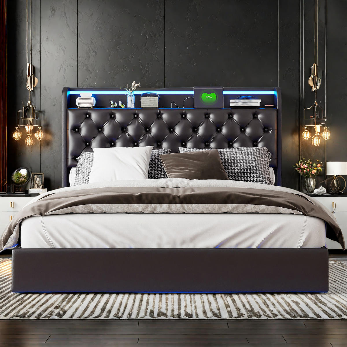 POLSTERBETT 140x200 cm Schwarz PU LED USB Bettkasten - Schwarz, Holz (140/200cm) - SHOPENTRA