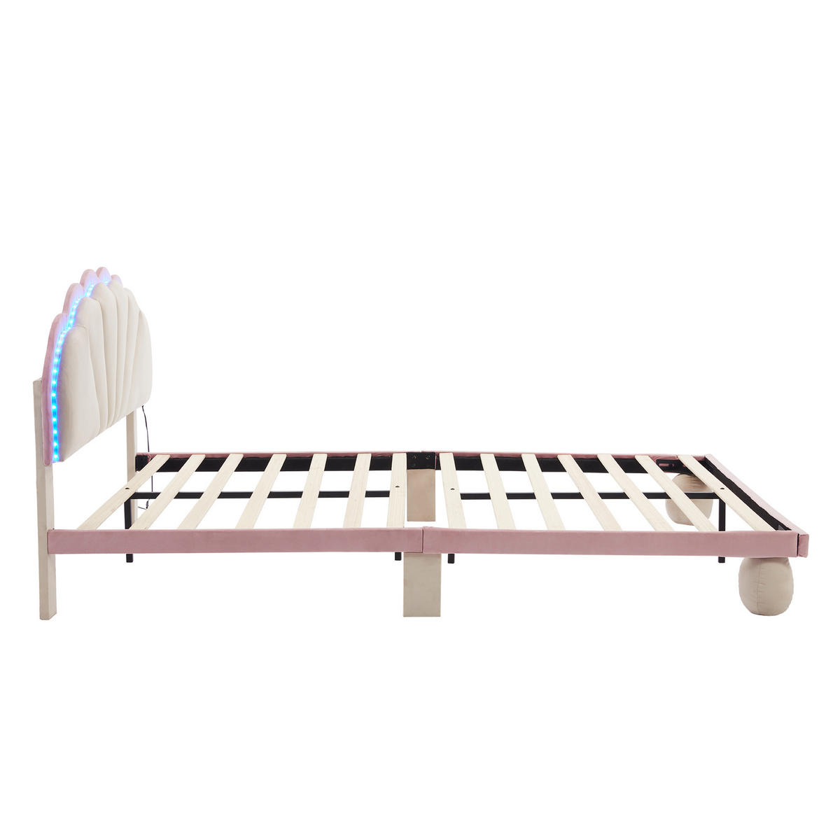 POLSTERBETT 140x200 Kinderbett mit LED Lichtstreifen am Kopfteil, Samt, Holzlatten, Design Jugendbett, beige-rosa - Rosa, Textil (140/200cm) - Luhomfu